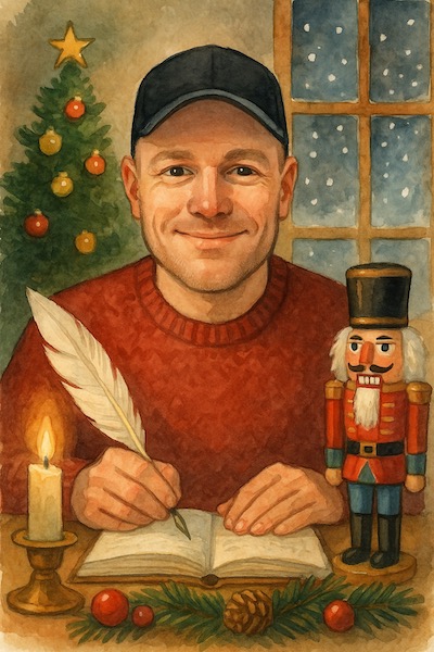 Illustriertes Portrait des Buchschmieds in weihnachtlicher Schreibstube