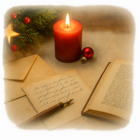 Weihnachtliche Schreibszene mit Kerze, Briefen, Füllfederhalter und altem Buch