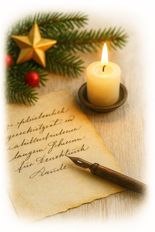 Kerze, Tannenzweig und handgeschriebener Weihnachtsbrief mit Füllfederhalter